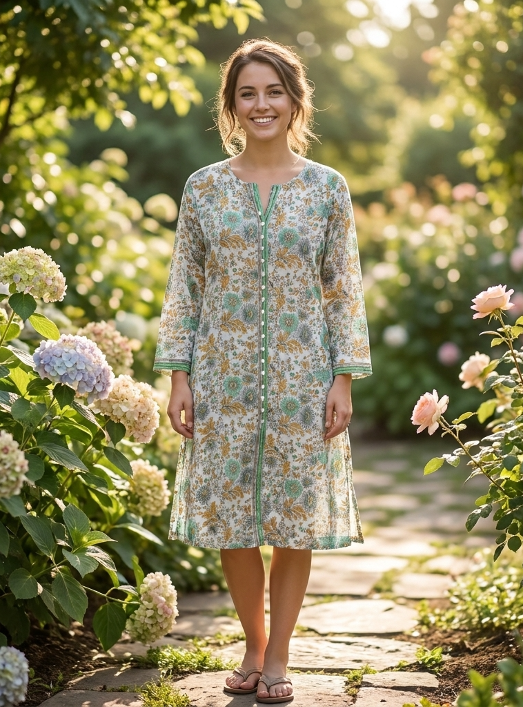 Button Kurta  : Phuljhadi Green