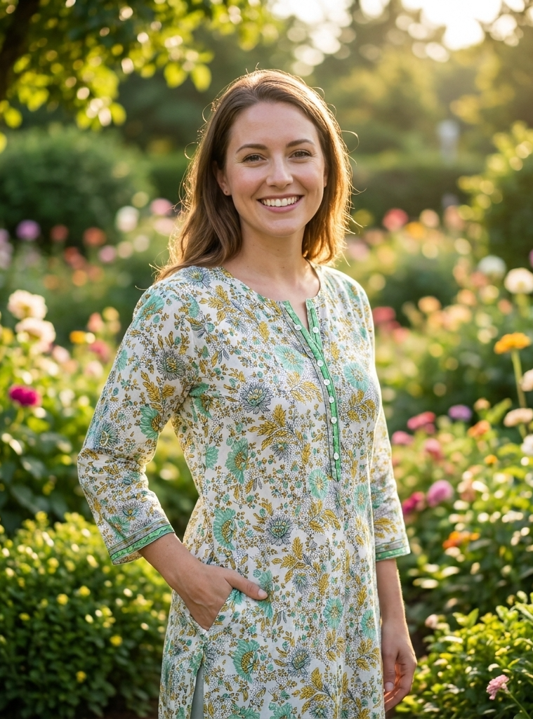 Button Kurta  : Phuljhadi Green