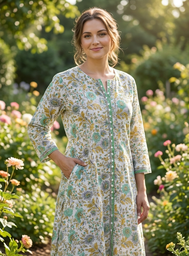 Button Kurta  : Phuljhadi Green