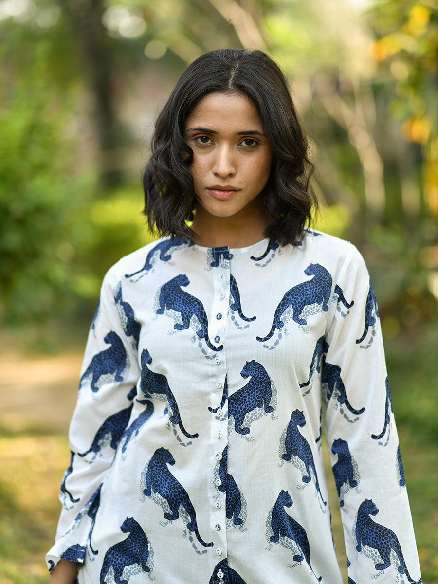 Button Kurta : Leopard White Voile