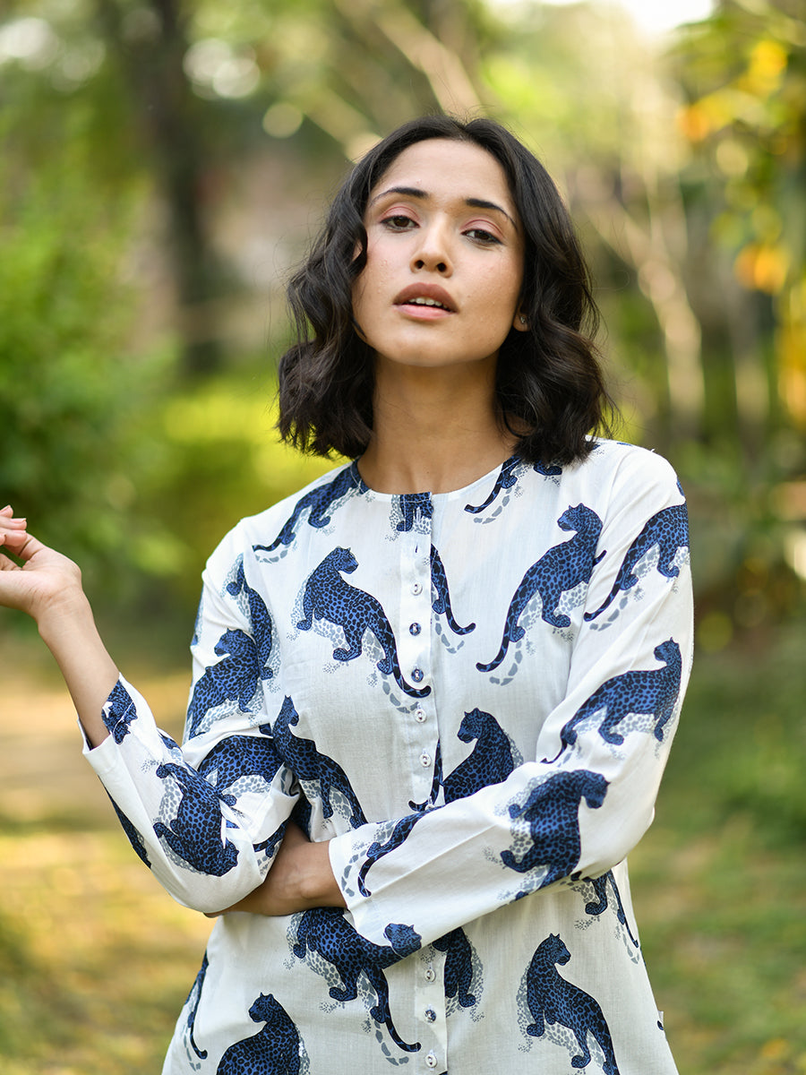 Button Kurta : Leopard White Voile
