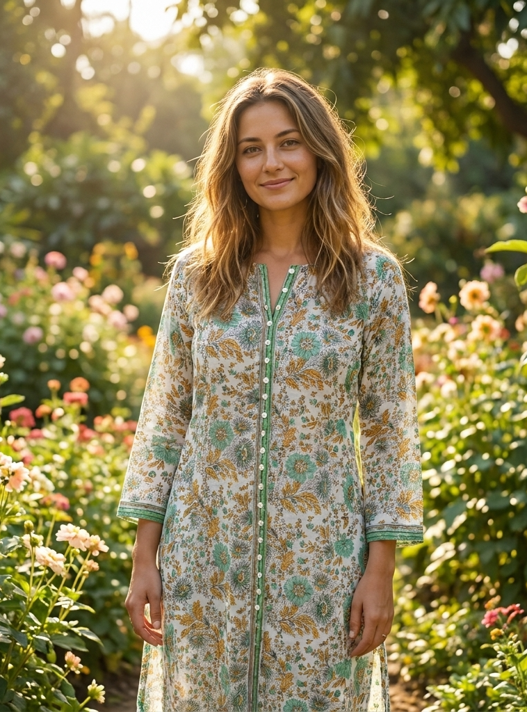 Button Kurta  : Phuljhadi Green