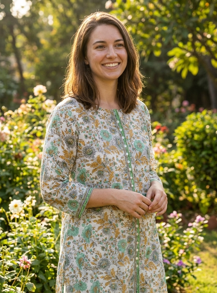 Button Kurta  : Phuljhadi Green