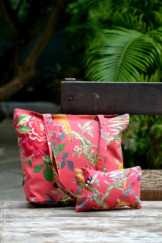 Canvas Tote : Bird Coral Canvas