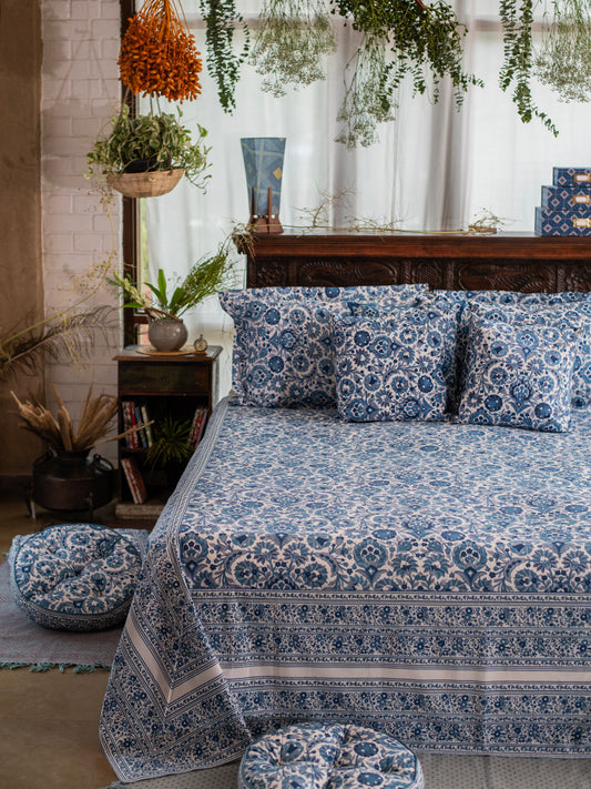 Printed Bed Throw Border : Bellur Blue & White