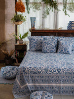 Printed Bed Throw Border : Bellur Blue & White