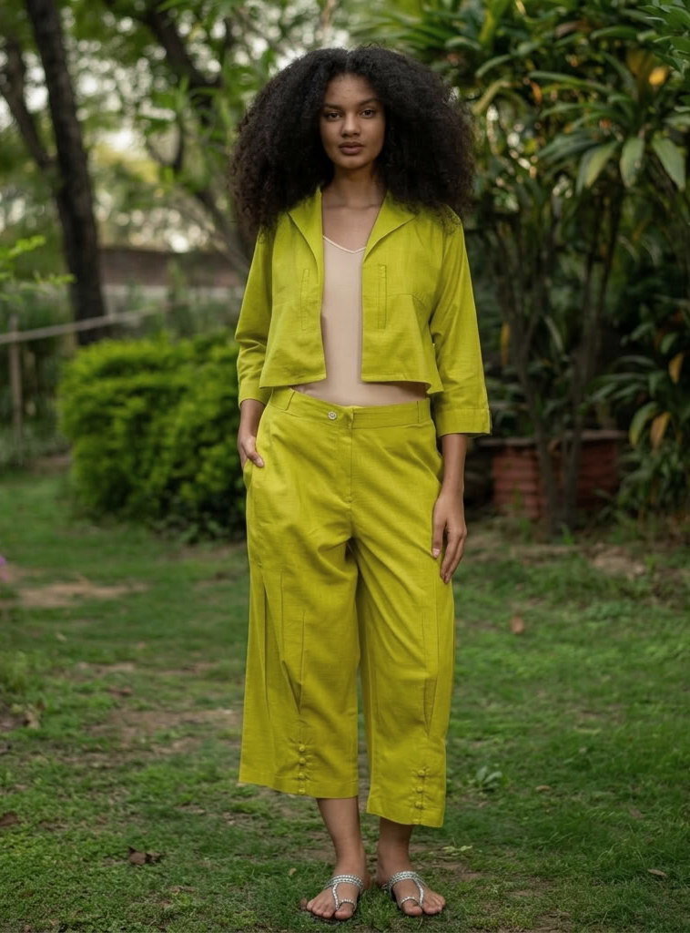 Crop Pant :  Solid  Mango Mint Slub