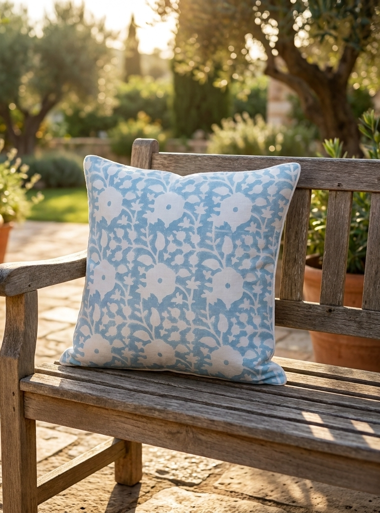 Block Printed Cushion Cover Flower Gud Blue