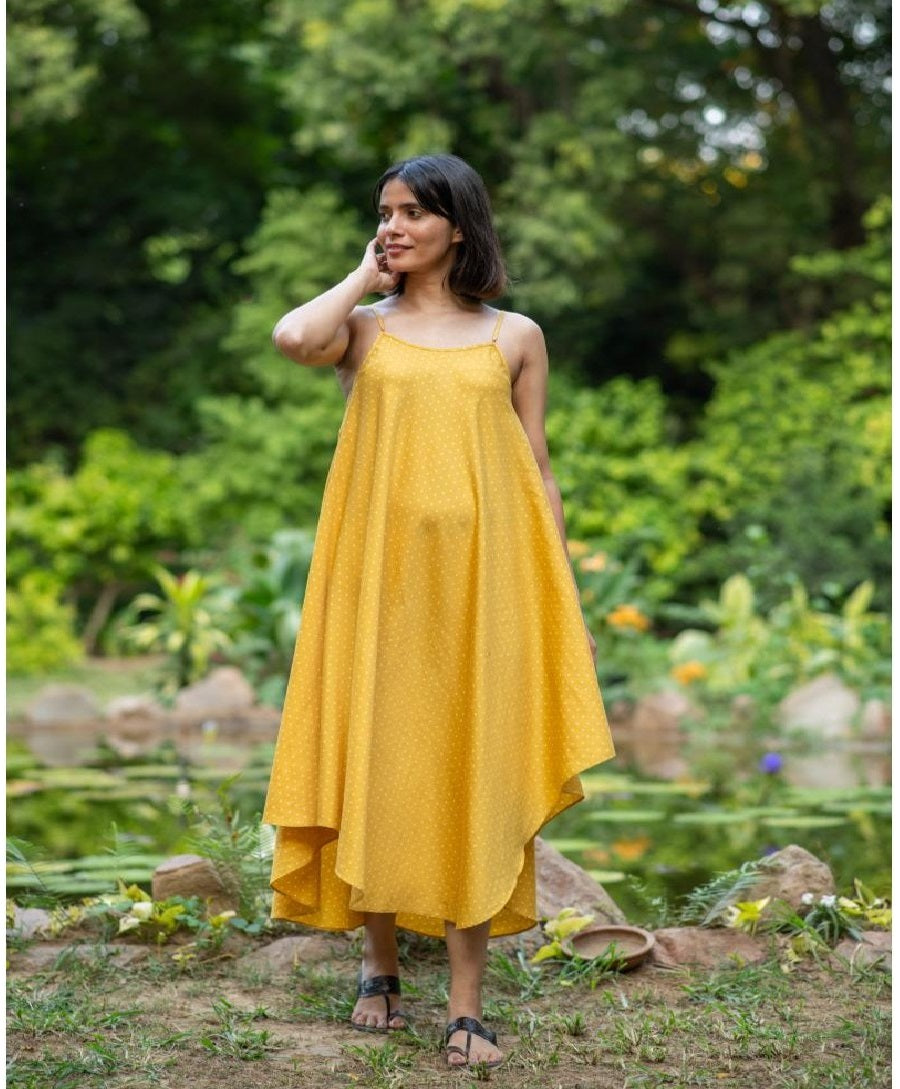 Aphre Slip Dress : Dots Yellow Chanderi Satin