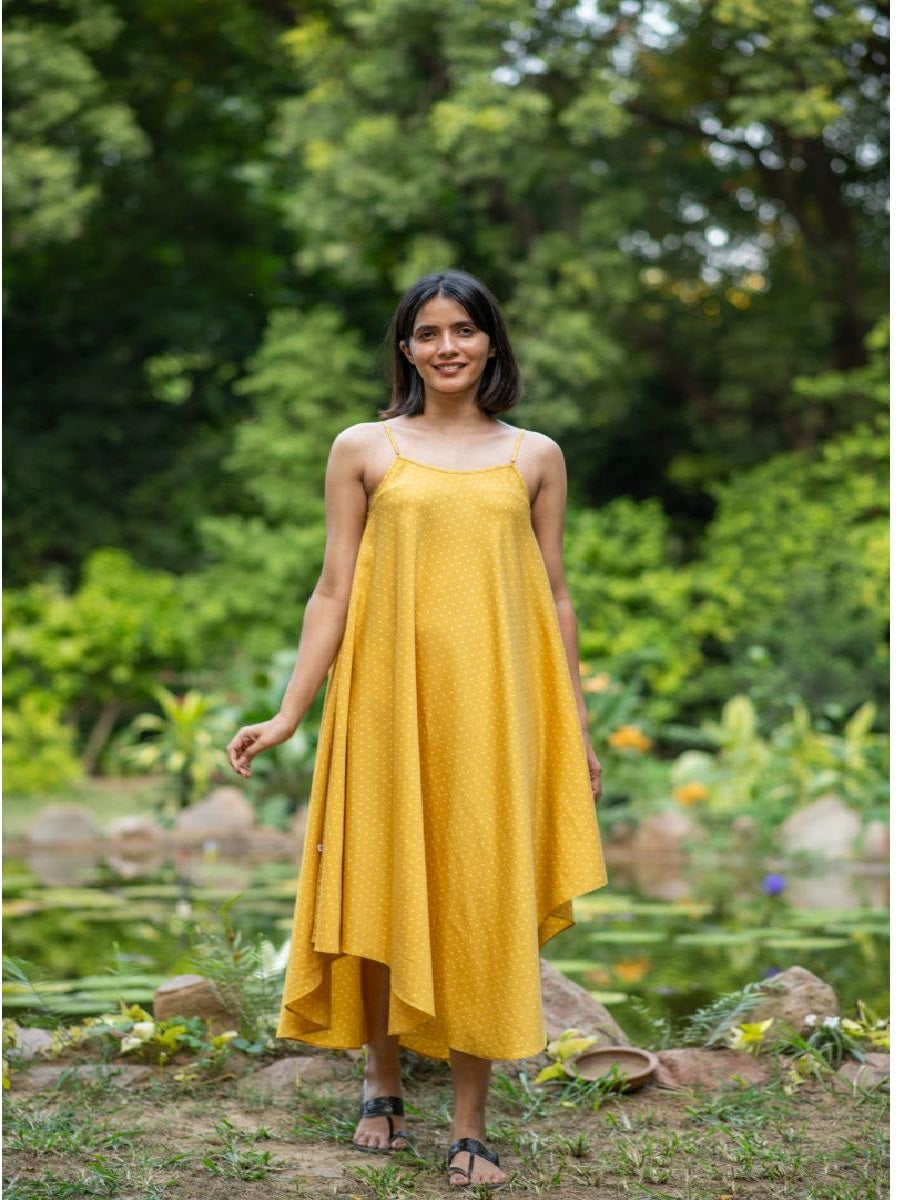 Aphre Slip Dress : Dots Yellow Chanderi Satin
