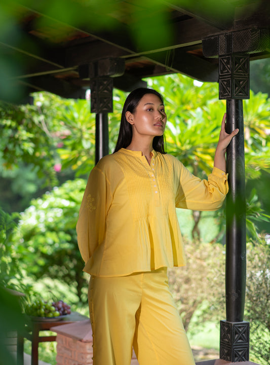 Shabnam Top Embroidered : Solid Yellow Voile