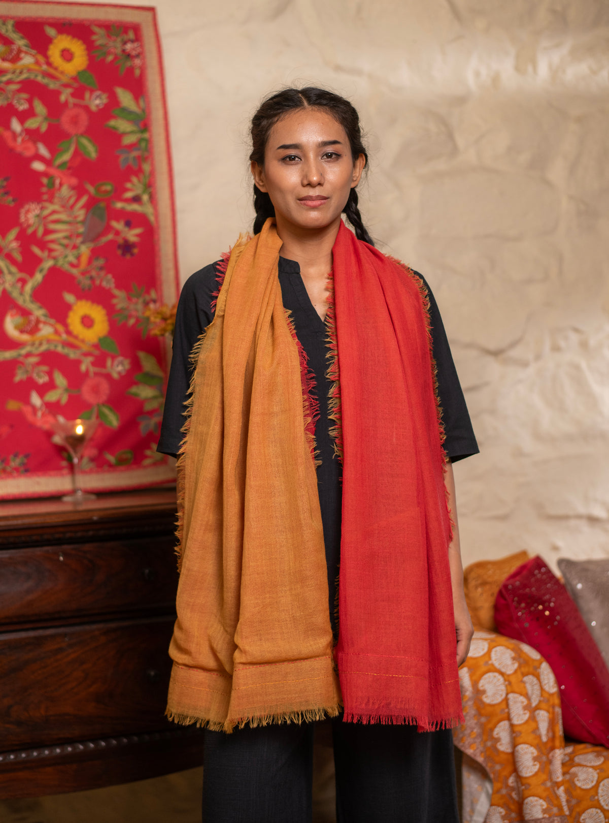 Double Layered Stole : Solid Burgundy+Red Matty Wool