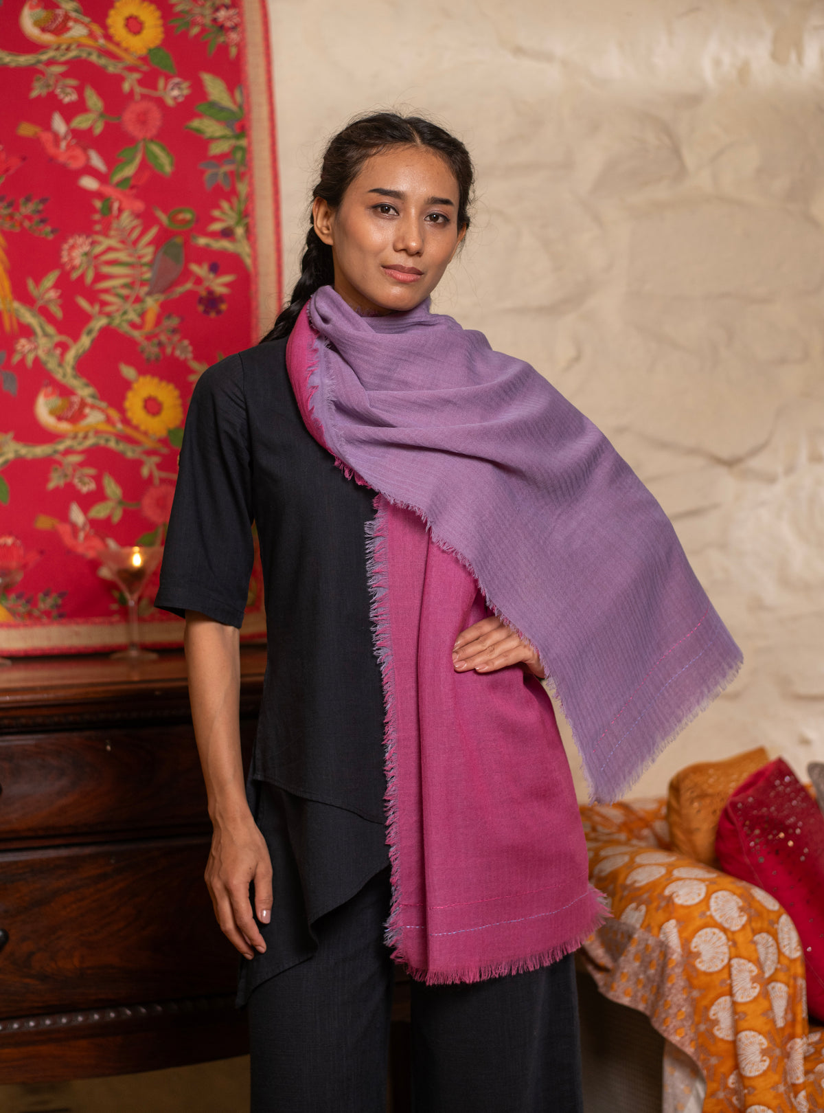Double Layered Stole : Solid Lalic+Plum Matty Wool