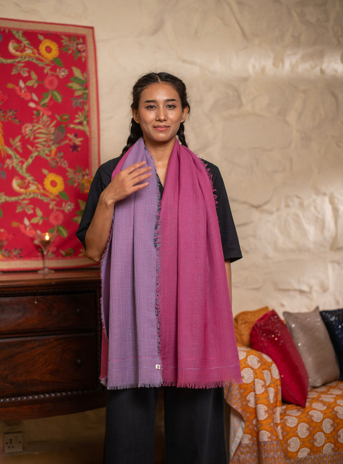 Double Layered Stole : Solid Lalic+Plum Matty Wool