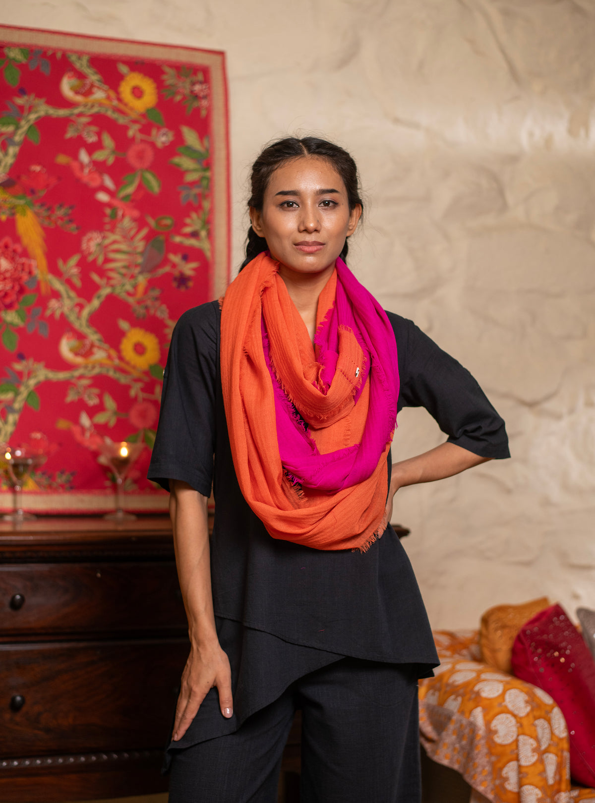 Double Layered Stole : Solid Rani+Orange Matty Wool