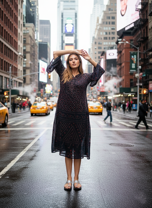 Potli Kaftan : Bandhani Black Voile