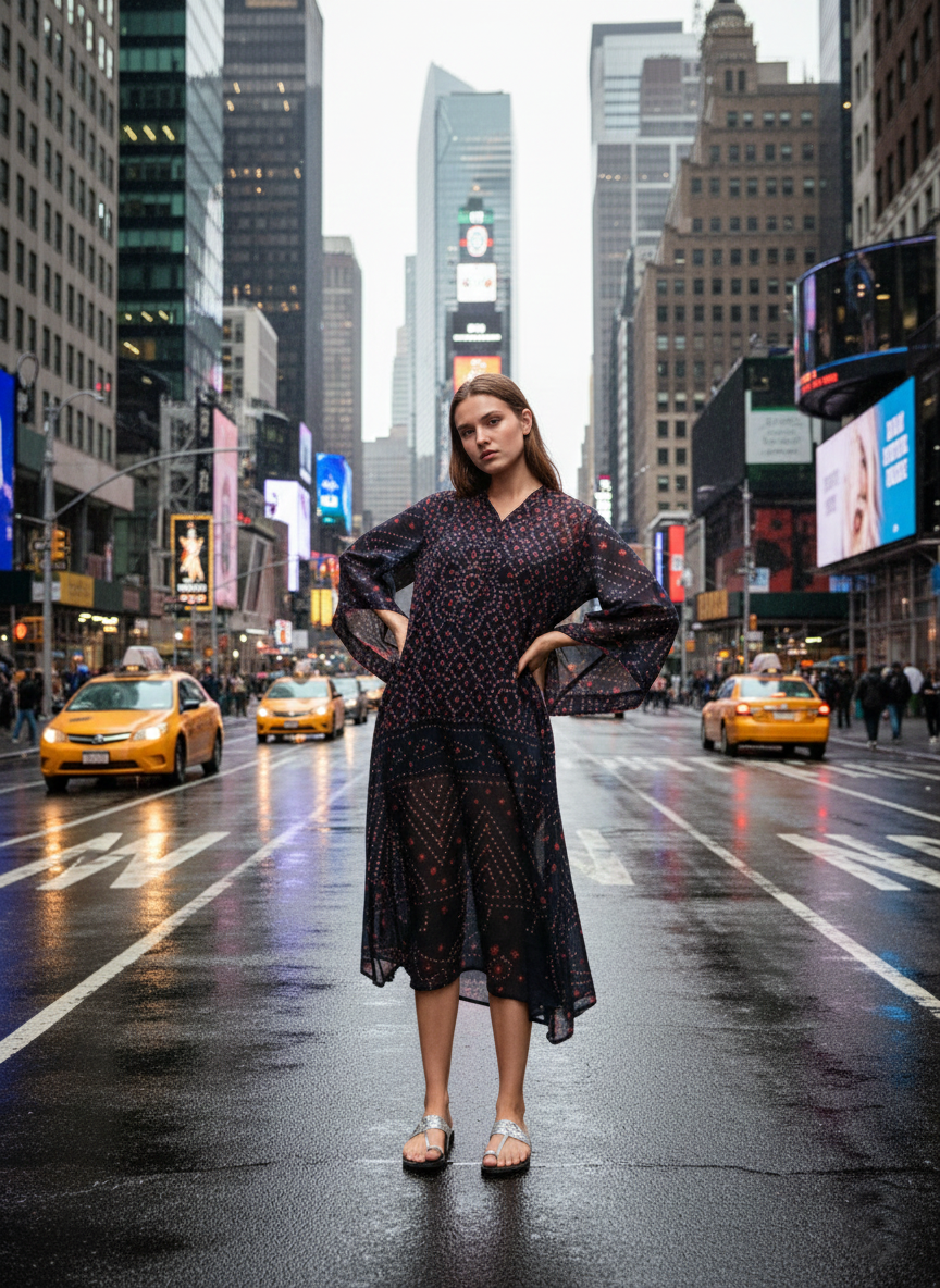 Potli Kaftan : Bandhani Black Voile