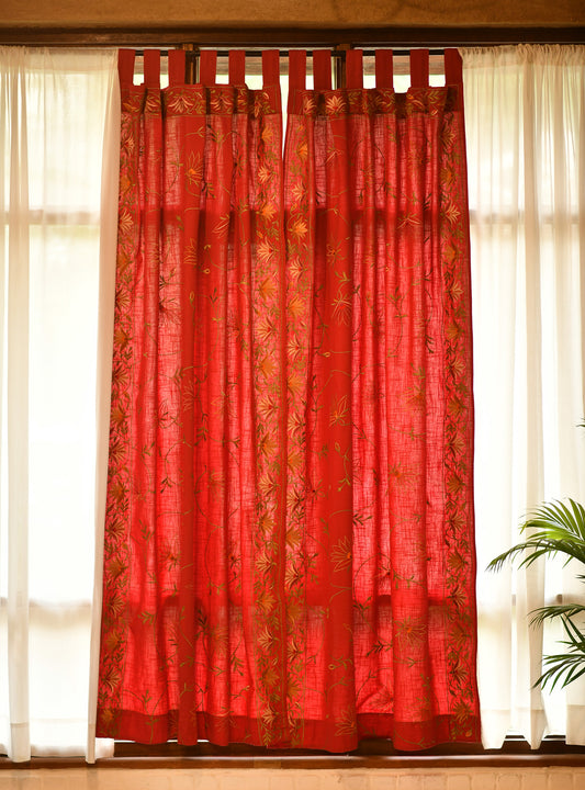 Embroidered Curtain  : Flora Border Red Textured