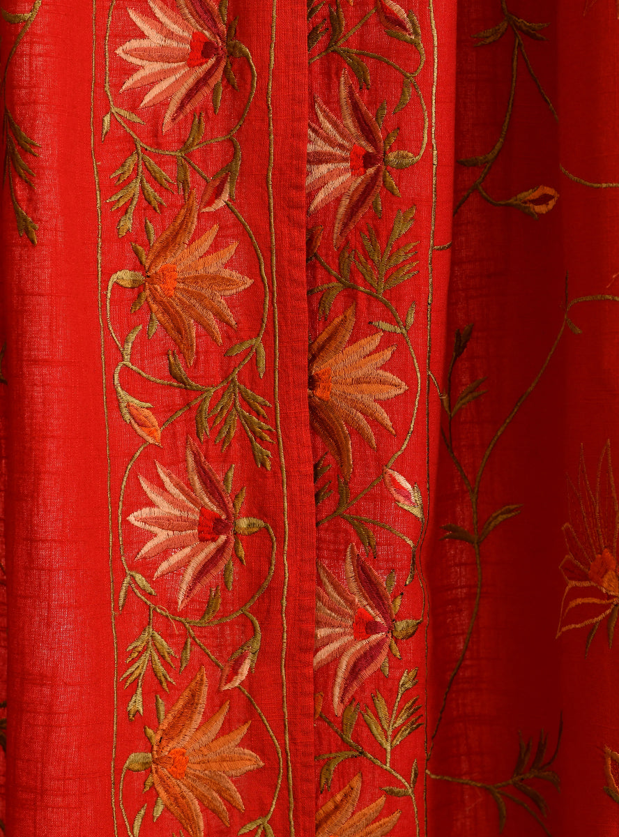 Embroidered Curtain  : Flora Border Red Textured