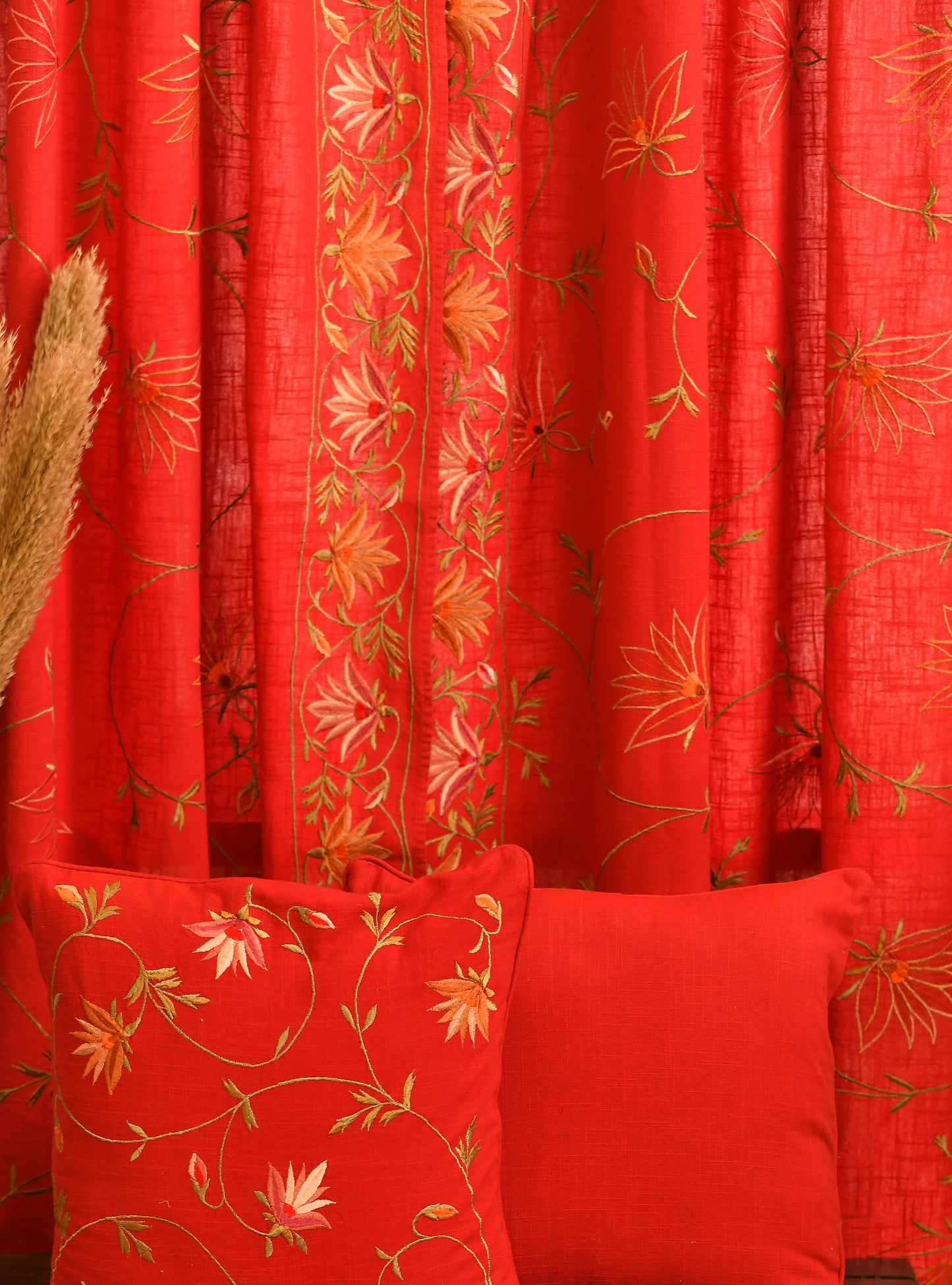 Embroidered Curtain  : Flora Border Red Textured