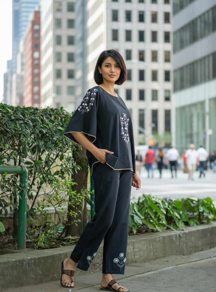 Flary Top Aari Embroidery  :  Black Linen