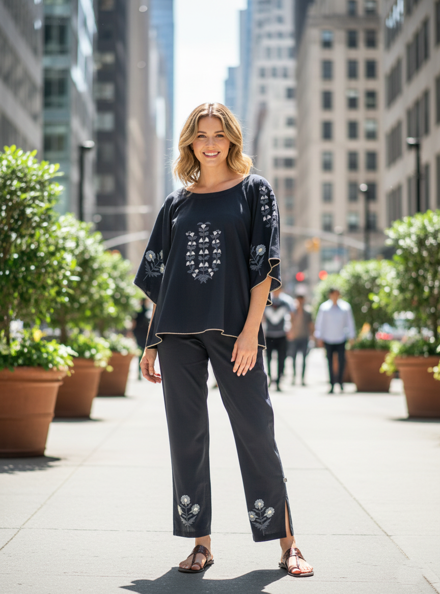 Flary Top Aari Embroidery  :  Black Linen