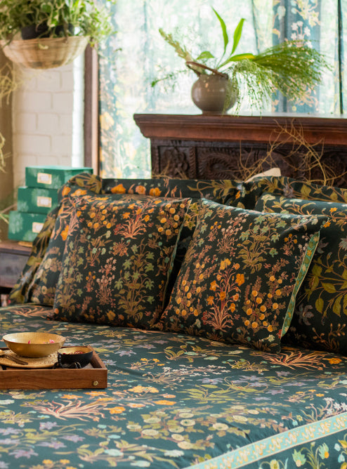 Printed Cushion Cover Reversible  : Garden  Emerald