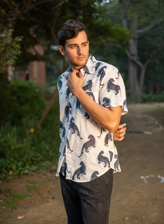 Xavier Shirt Half Sleeves : Leopard White Voile