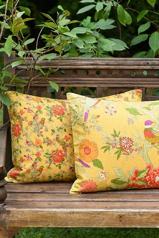 Printed Pillow Cover Reversible :  Bird Yellow Sheeting