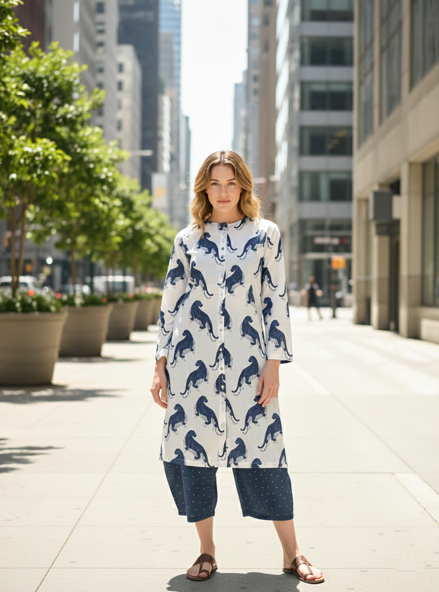 Button Kurta : Leopard White Voile