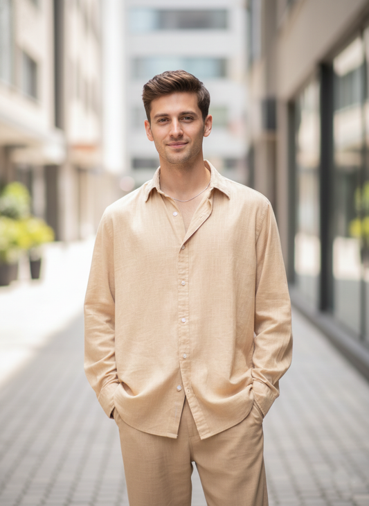 Slim Fit Mens Shirt Full Sleeves  : Solid Beige