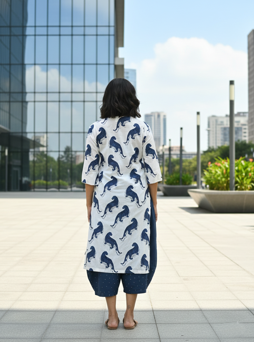 Button Kurta : Leopard White Voile