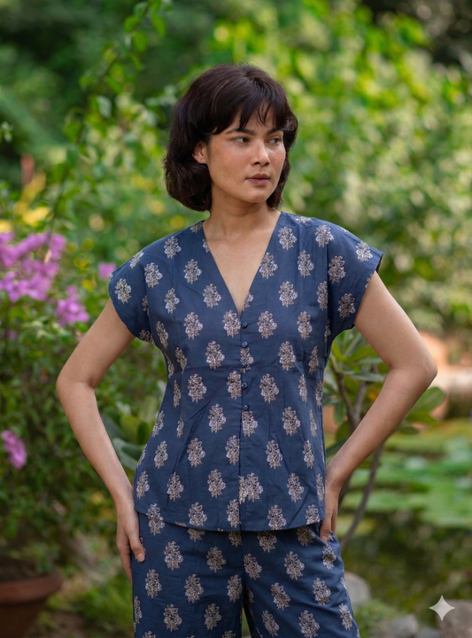 Sara Top : Kasauli Buti Navy : Voile