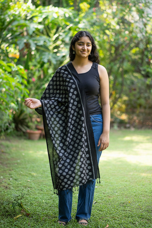 Ikat Stole : Polka Dots Black Handloom