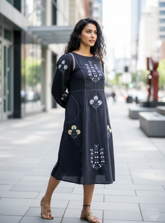 Janis Dress :Aari Embroidered  Black