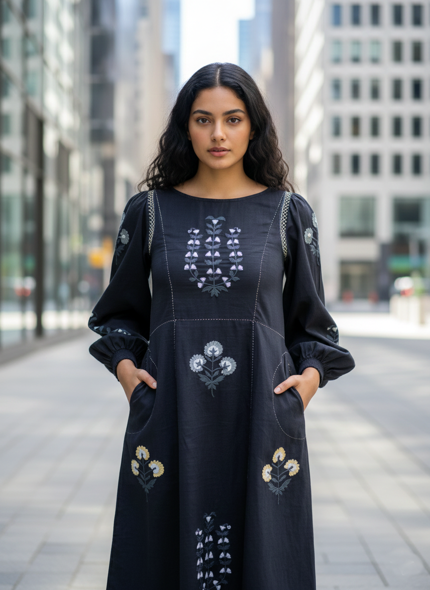 Janis Dress :Aari Embroidered  Black