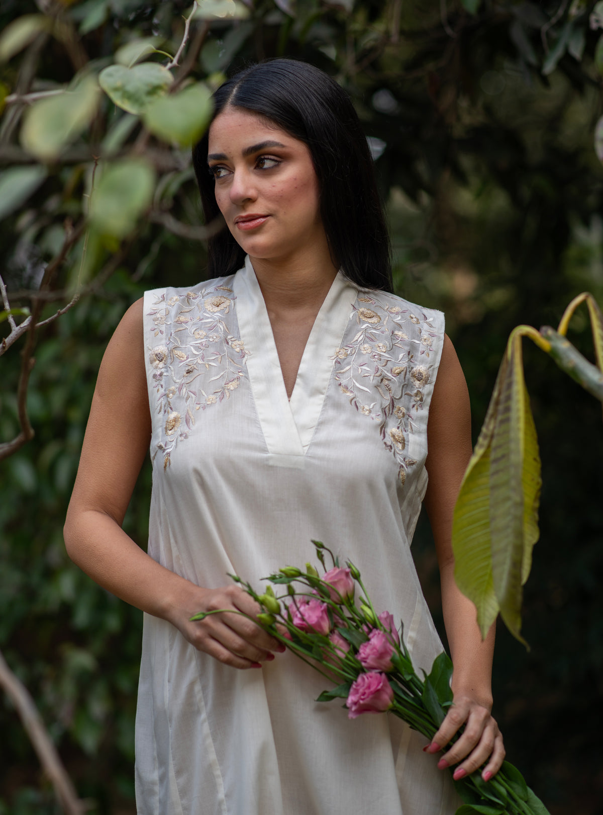 Kanan Dress Embroidered : Solid Cream Voile