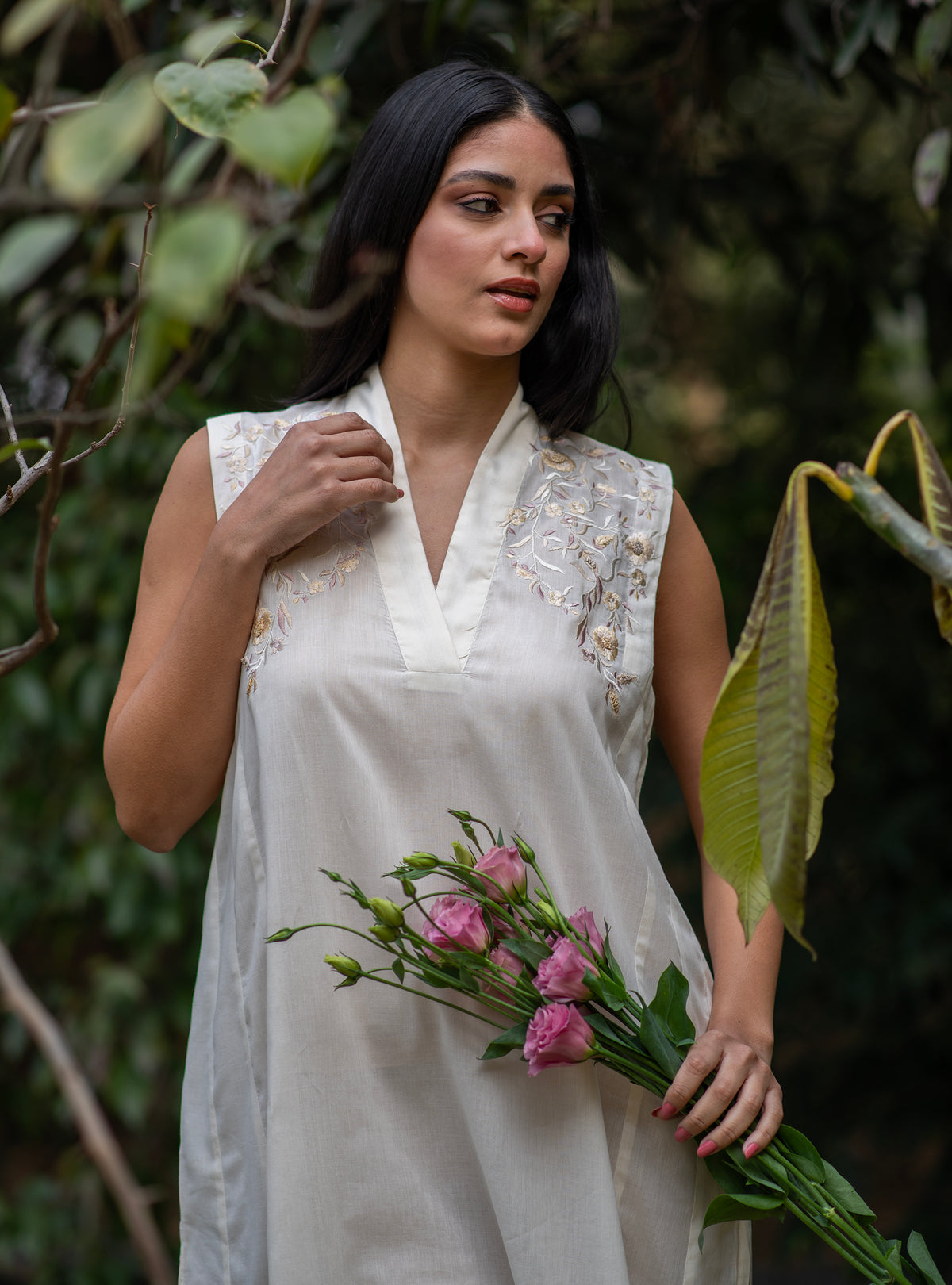 Kanan Dress Embroidered : Solid Cream Voile