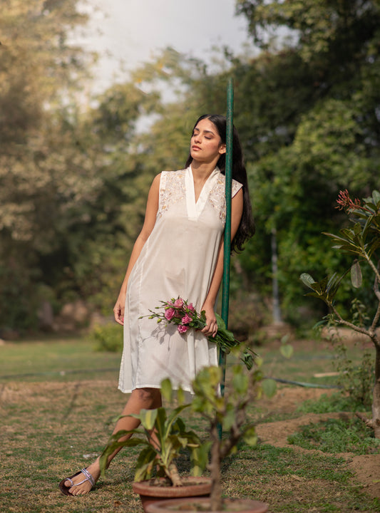 Kanan Dress Embroidered : Solid Cream Voile