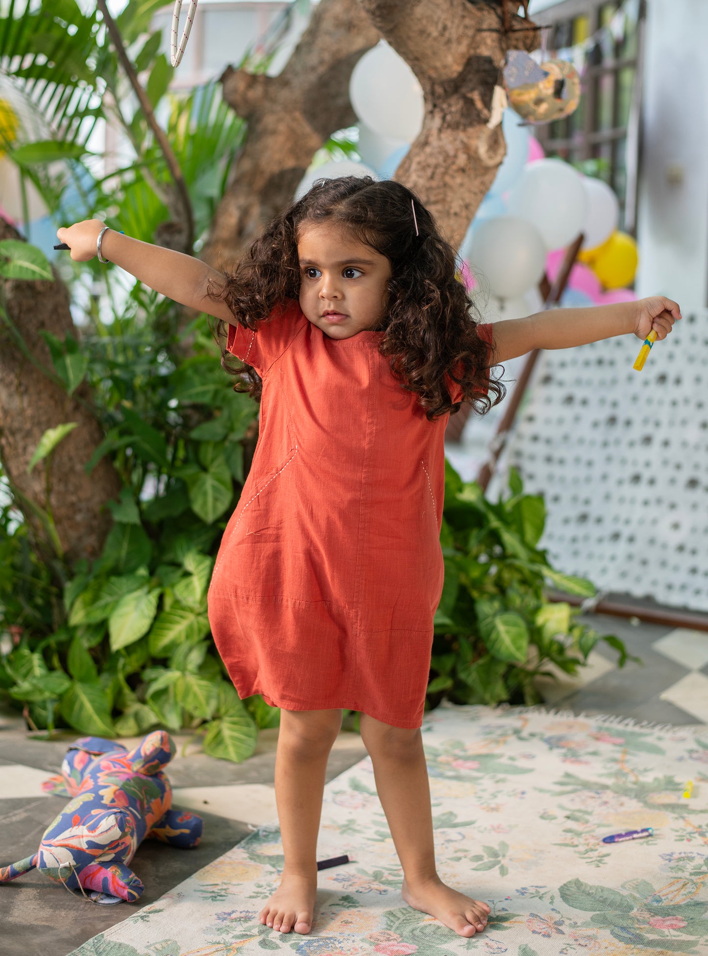 Kids Balloon Dress : Solid  Rust Slub