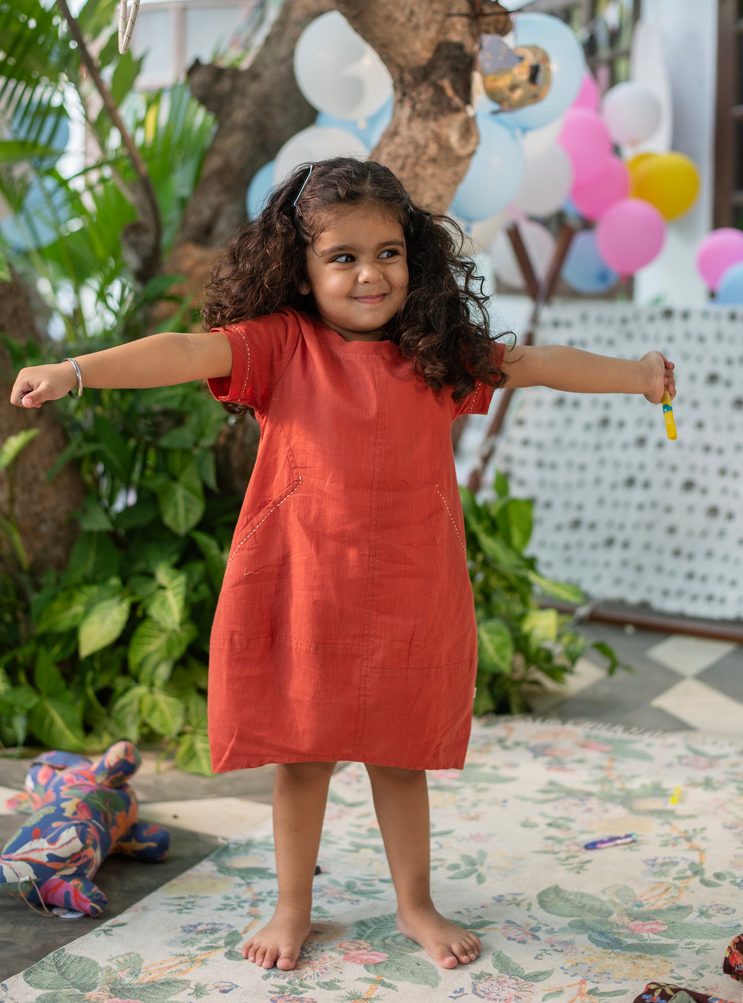 Kids Balloon Dress : Solid  Rust Slub