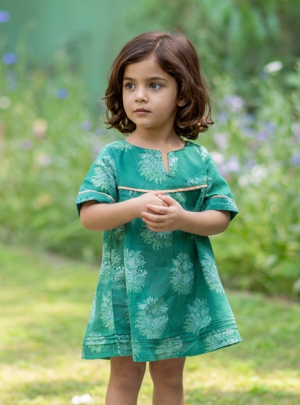 Kids Claire Dress : Gulab Green Voile