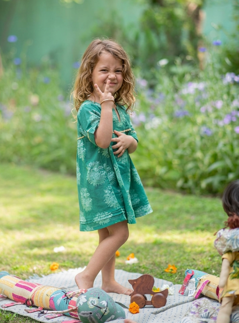 Kids Claire Dress : Gulab Green Voile
