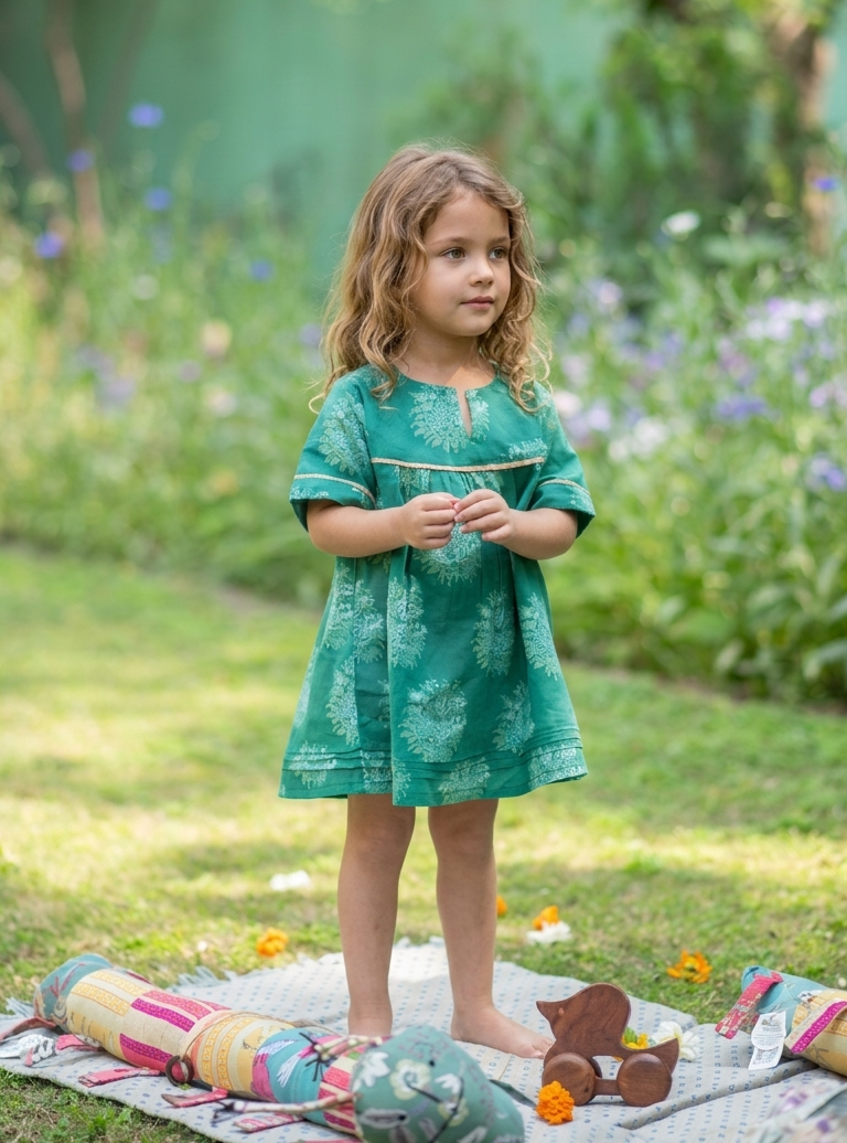 Kids Claire Dress : Gulab Green Voile