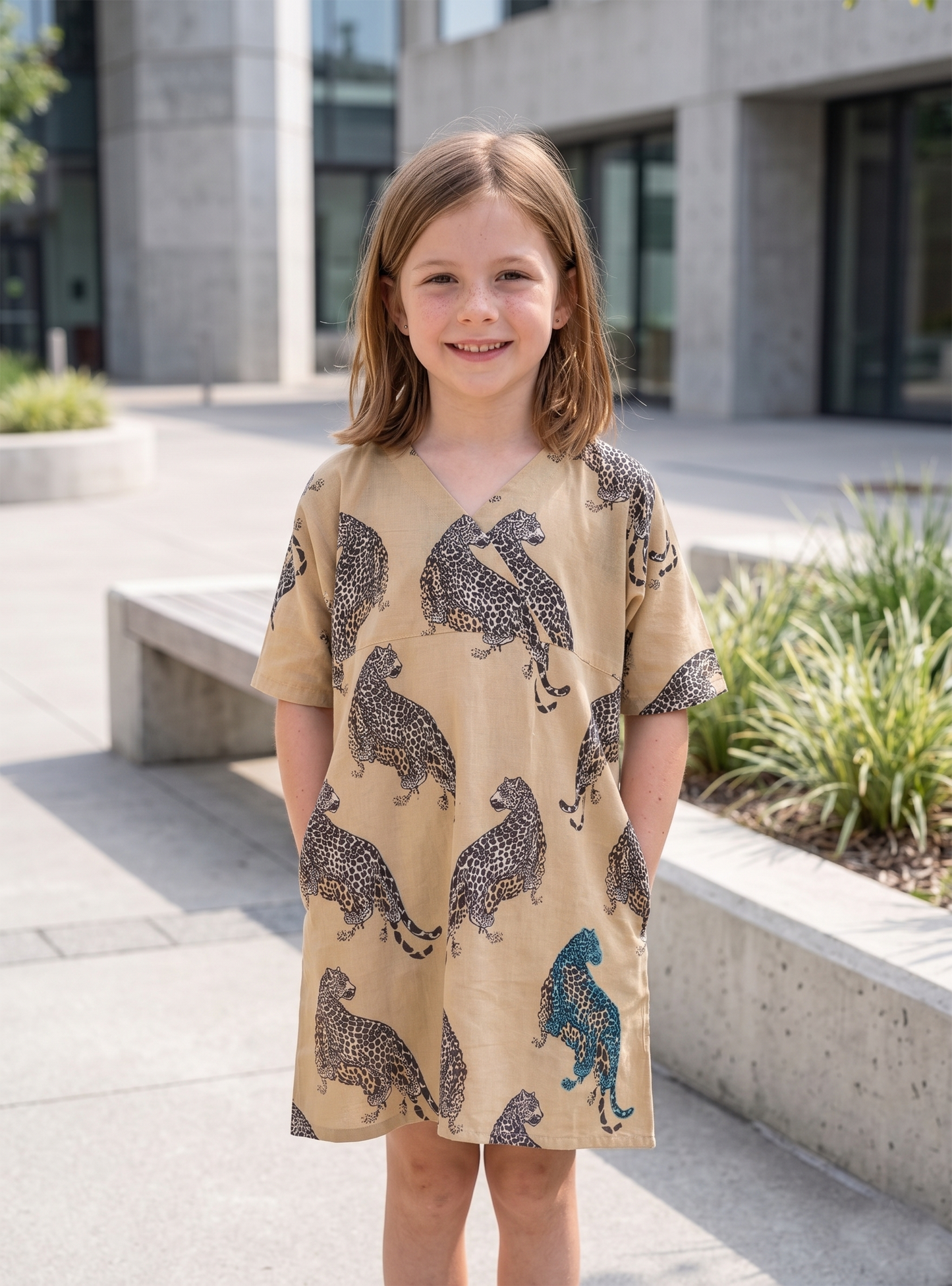 Kids Tea Time Dress :  Leopard  Beige Voile
