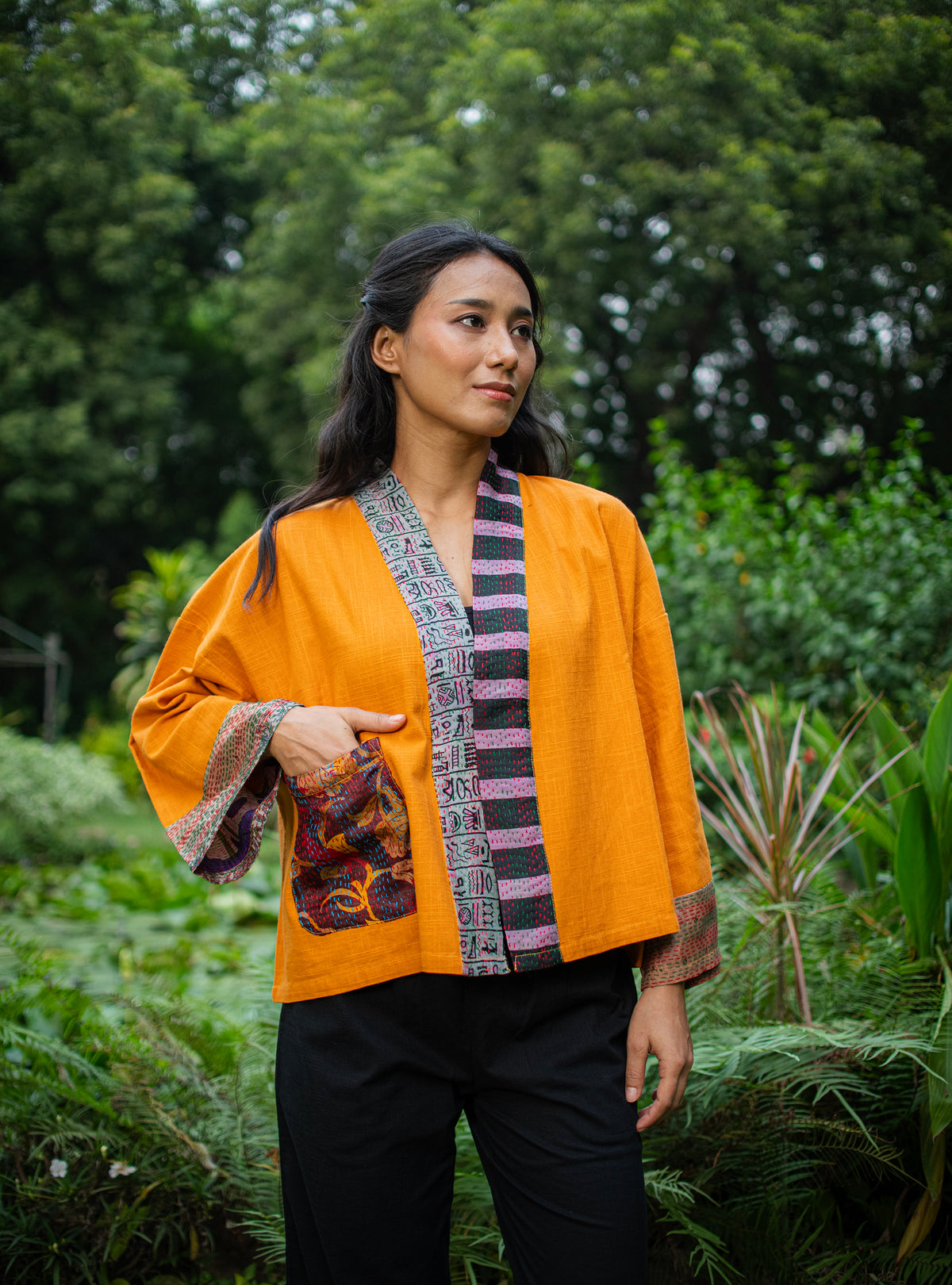 Kimono Shrug :  Mustard Textured+Gudri Silk