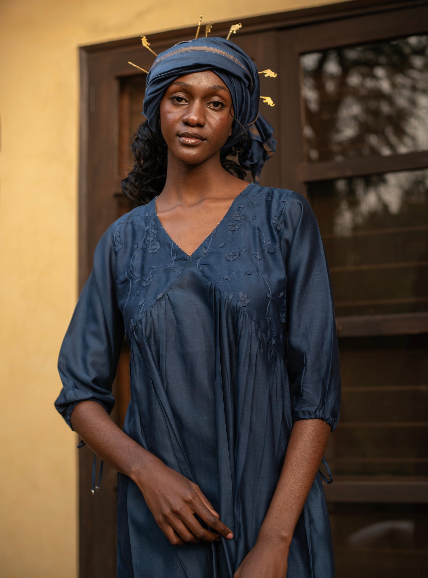 Kovalam Dress : Hand Applique Navy Chanderi