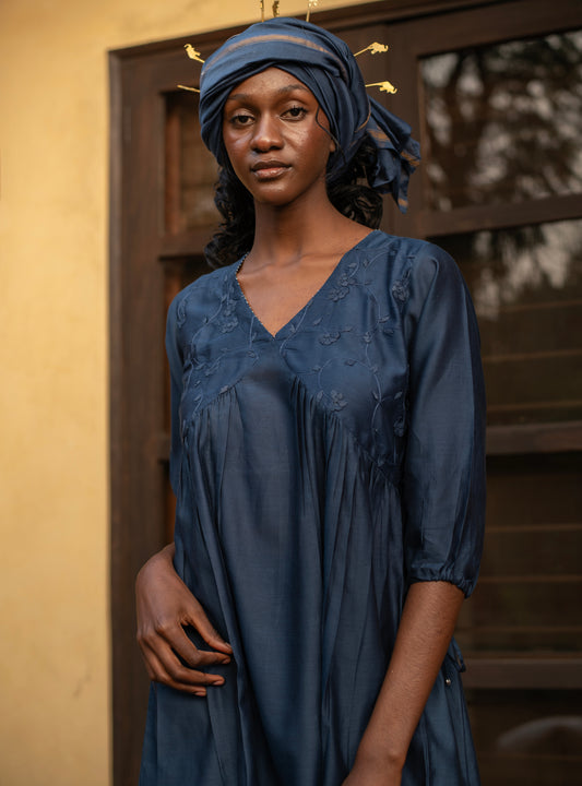 Kovalam Dress : Hand Applique Navy Chanderi
