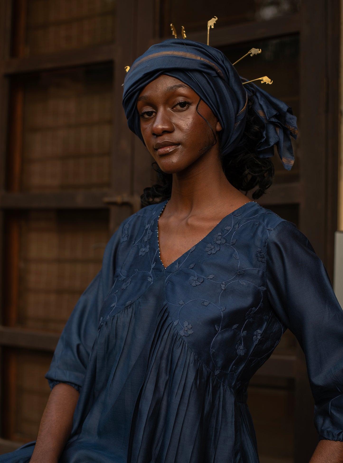 Kovalam Dress : Hand Applique Navy Chanderi