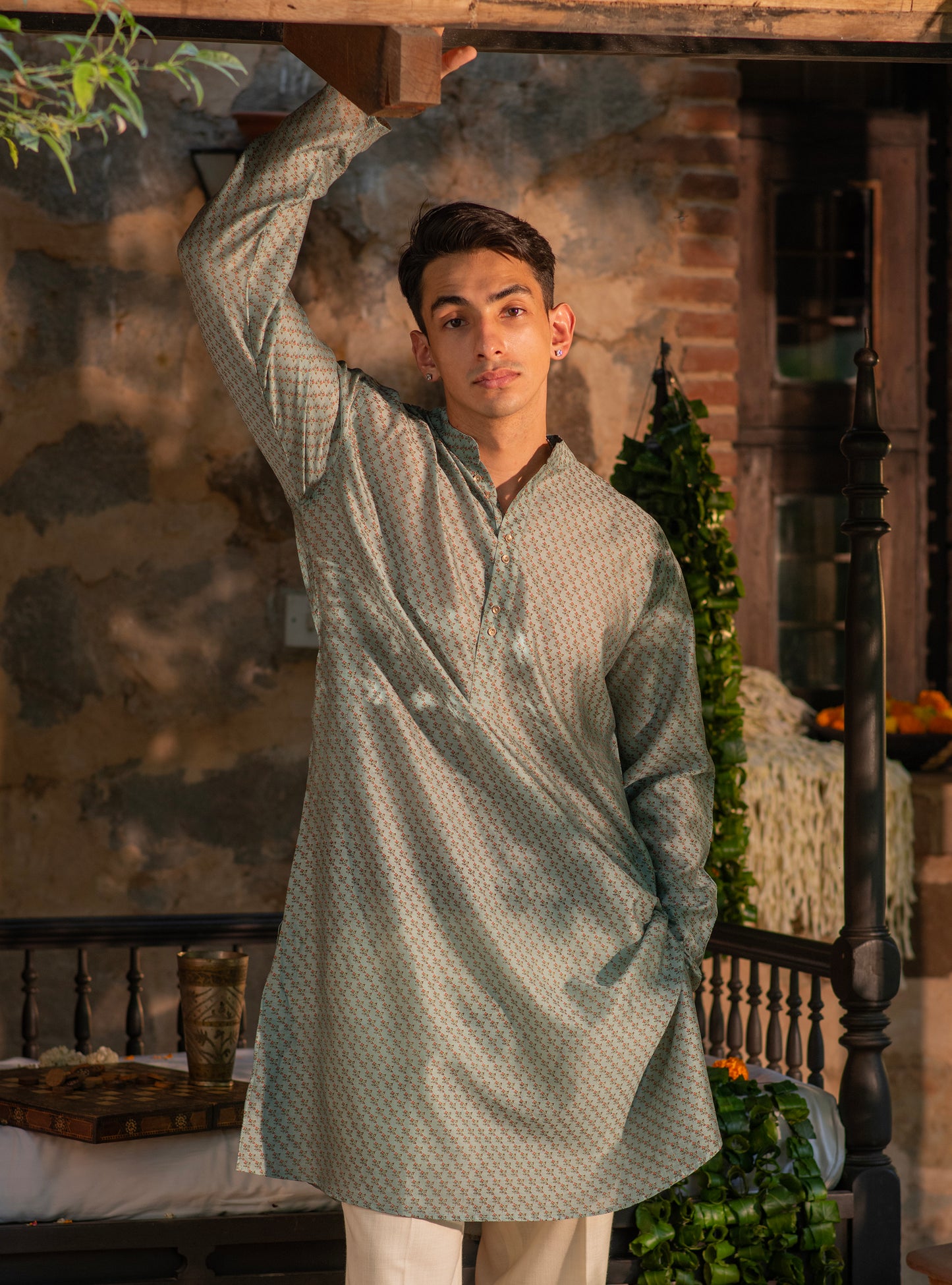 Mens Kurta Long  : Dhania Teal Chanderi